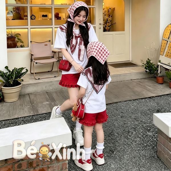 Set áo in khăn choàng quần phối bèo BEXINHSHOPVN dễ thương cho Mẹ & bé gái BXG2464
