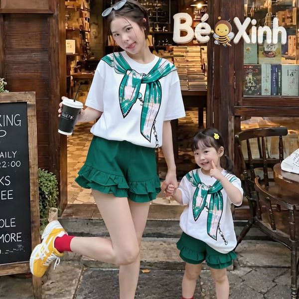 Set áo in khăn choàng quần phối bèo BEXINHSHOPVN dễ thương cho Mẹ & bé gái BXG2464