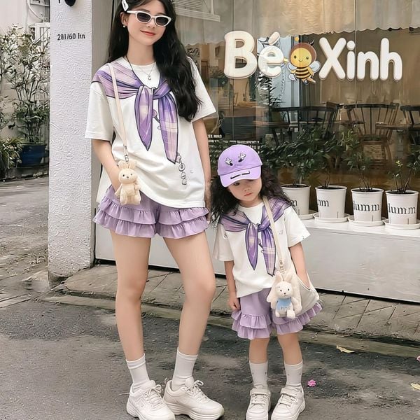 Set áo in khăn choàng quần phối bèo BEXINHSHOPVN dễ thương cho Mẹ & bé gái BXG2464