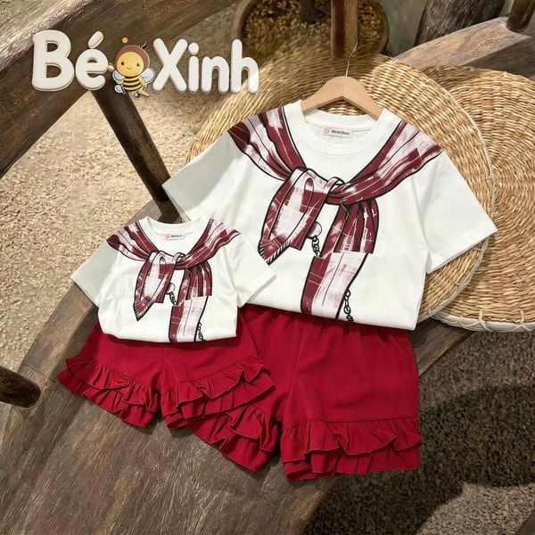 Set áo in khăn choàng quần phối bèo BEXINHSHOPVN dễ thương cho Mẹ & bé gái BXG2464