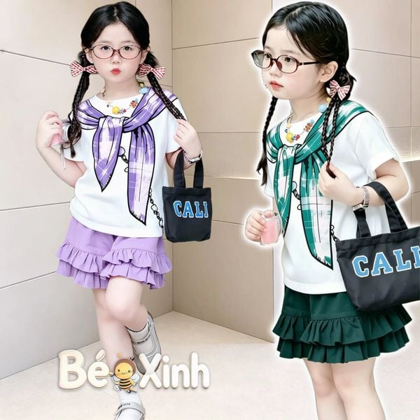 Set áo in khăn choàng quần phối bèo BEXINHSHOPVN dễ thương cho Mẹ & bé gái BXG2464