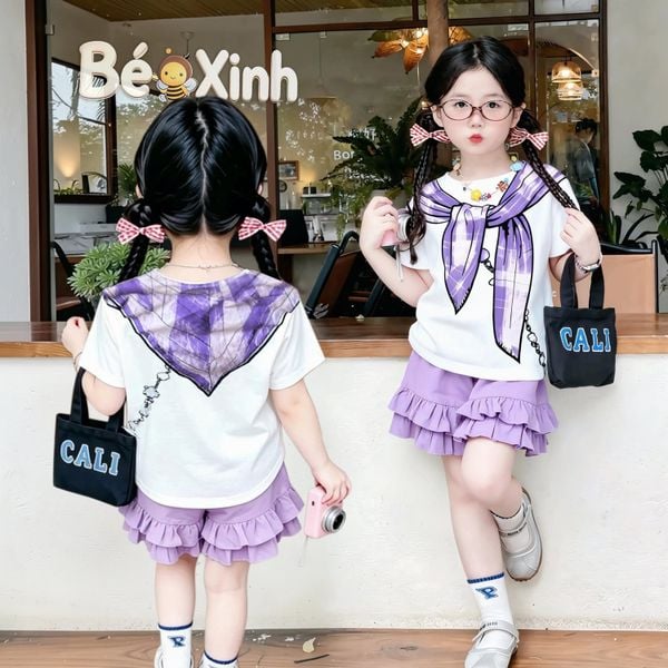 Set áo in khăn choàng quần phối bèo BEXINHSHOPVN dễ thương cho Mẹ & bé gái BXG2464