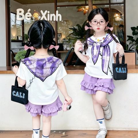 Set áo in khăn choàng quần phối bèo BEXINHSHOPVN dễ thương cho Mẹ & bé gái BXG2464