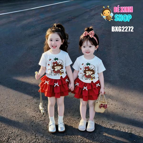 [BexinhshopVN] Set áo in bé gái phối chân váy tầng đính nơ BXG2272