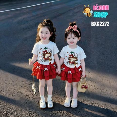 [BexinhshopVN] Set áo in bé gái phối chân váy tầng đính nơ BXG2272