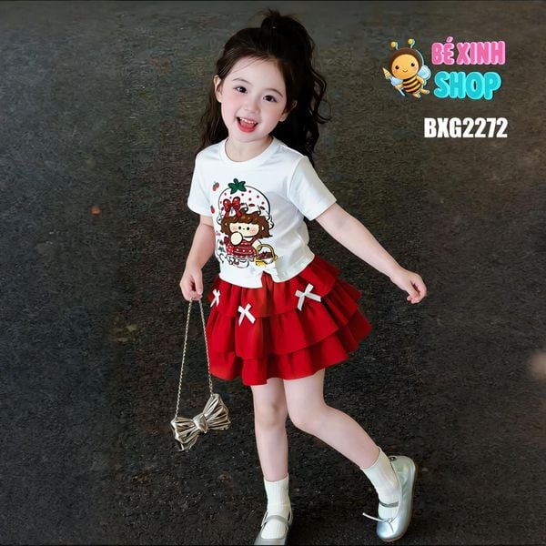 [BexinhshopVN] Set áo in bé gái phối chân váy tầng đính nơ BXG2272