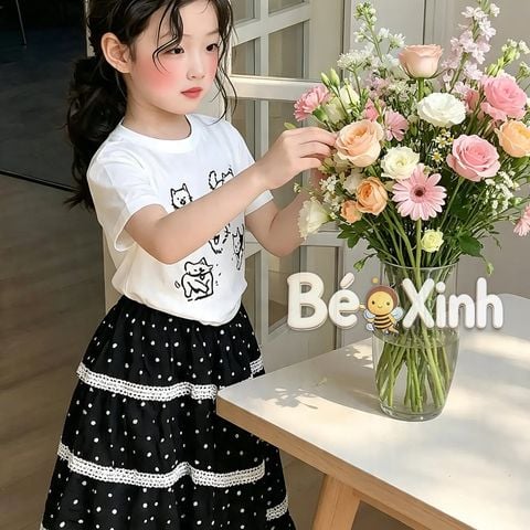Set áo mèo phối chân váy bi phối ren phong cách Vintage bé gái nhà Bé Xinh Shop BXG2500