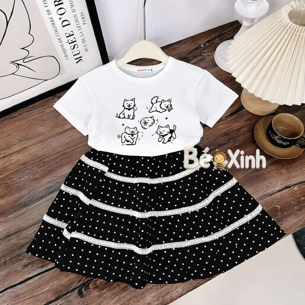 Set áo mèo phối chân váy bi phối ren phong cách Vintage bé gái nhà Bé Xinh Shop BXG2500