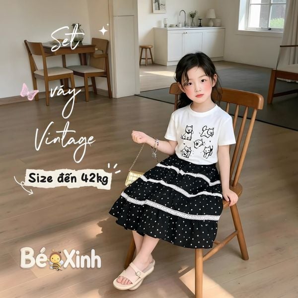 Set áo mèo phối chân váy bi phối ren phong cách Vintage bé gái nhà Bé Xinh Shop BXG2500