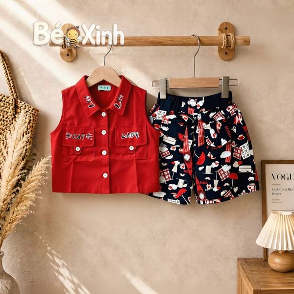Set áo sơ mi quần sort kaki dễ thương cho bé gái BGB123552