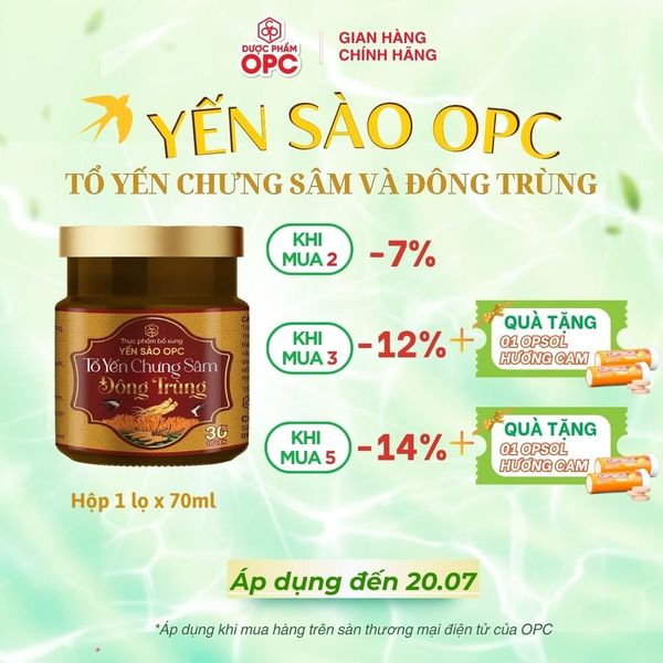  TPBS. YẾN SÀO OPC - TỔ YẾN CHƯNG SÂM VÀ ĐÔNG TRÙNG (Hộp 1 lọ) 