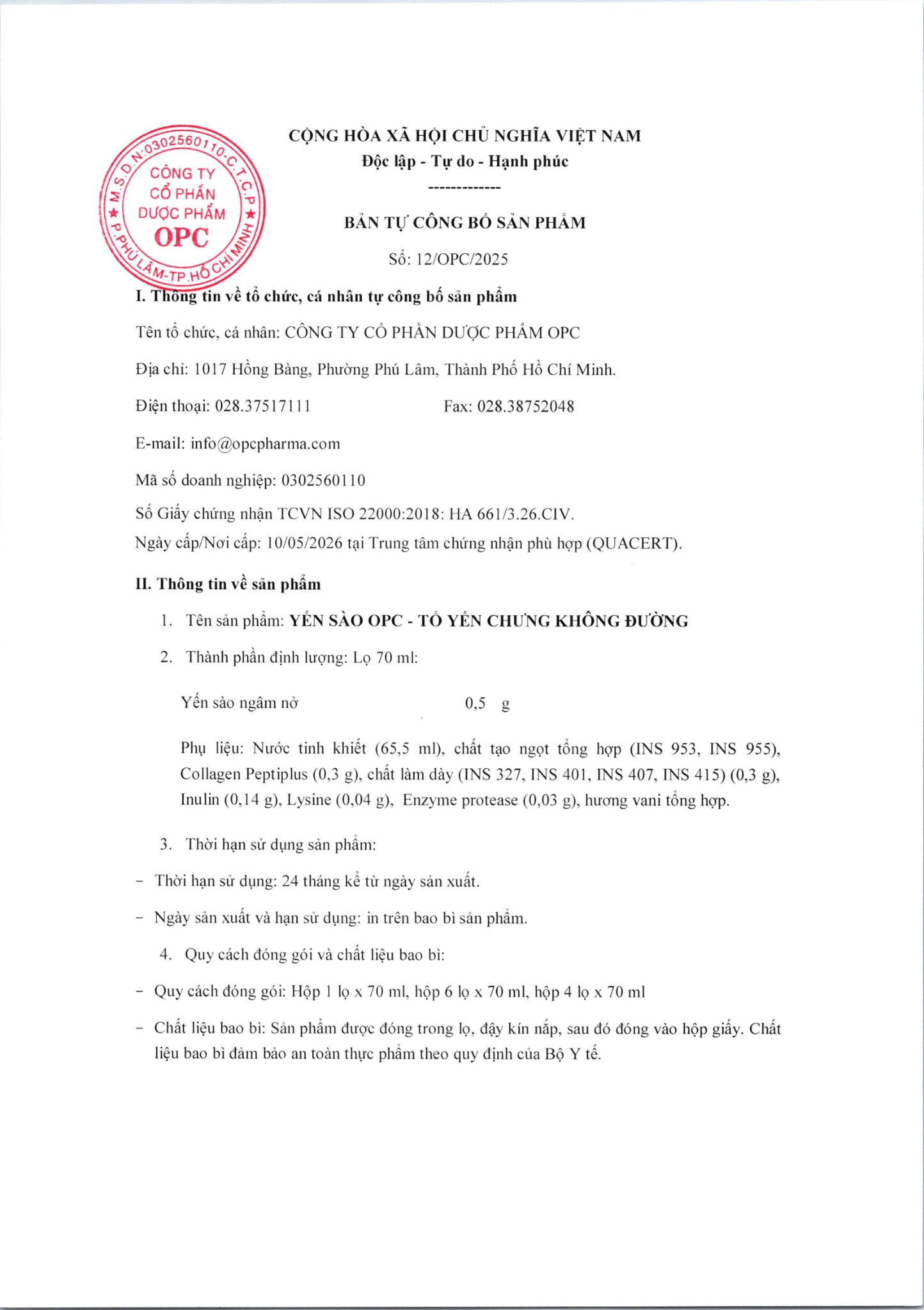  YẾN SÀO OPC - TỔ YẾN CHƯNG KHÔNG ĐƯỜNG (Hộp 6 lọ) 