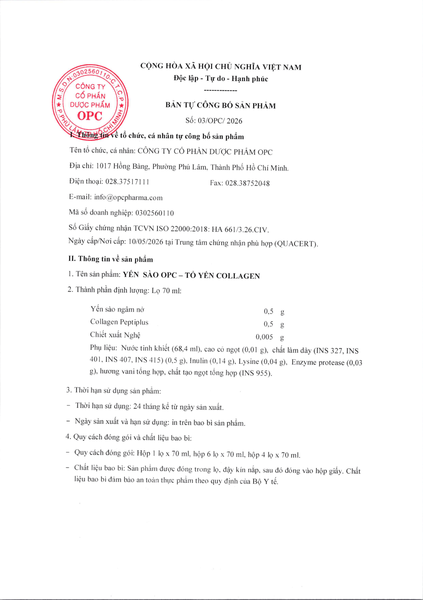  YẾN SÀO OPC - TỔ YẾN COLLAGEN (Hộp 6 lọ) 