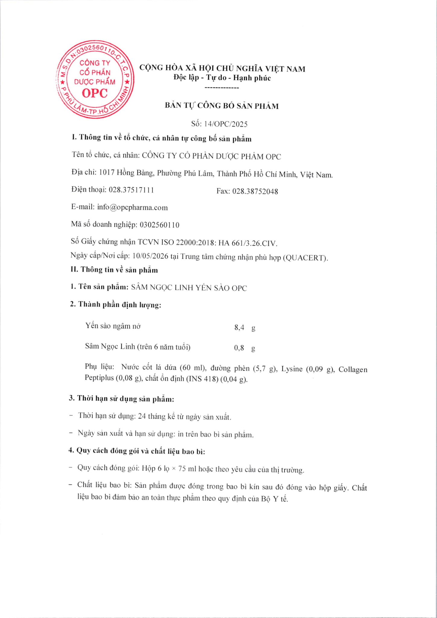  SÂM NGỌC LINH YẾN SÀO OPC 