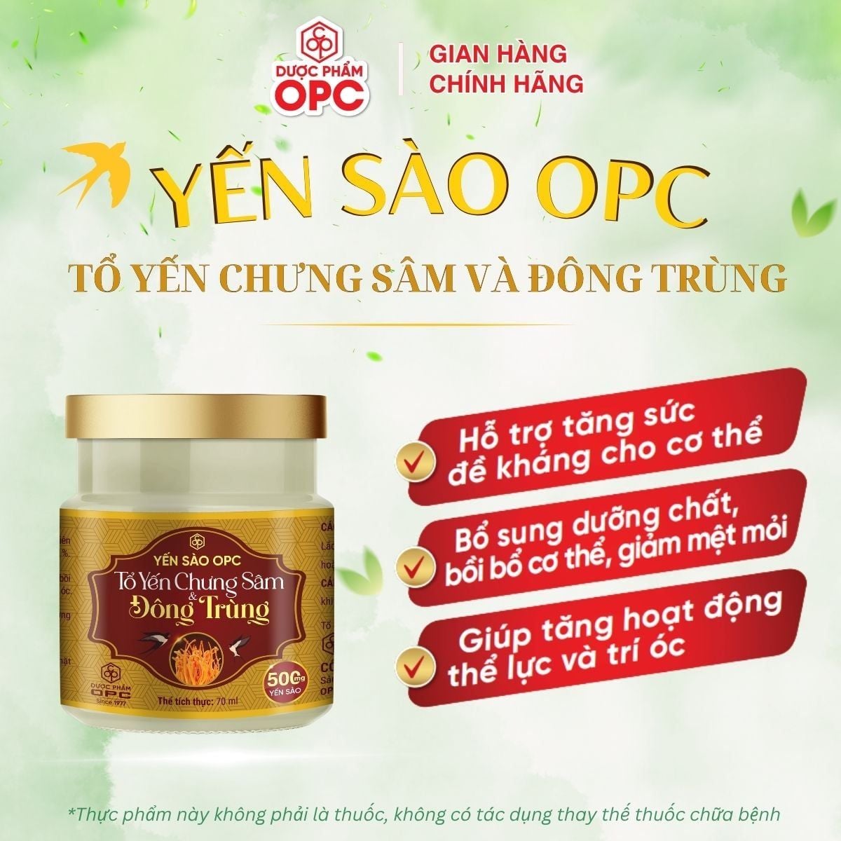  YẾN SÀO OPC - TỔ YẾN CHƯNG SÂM VÀ ĐÔNG TRÙNG (Hộp 6 lọ) 