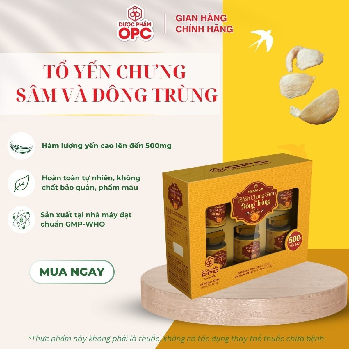  YẾN SÀO OPC - TỔ YẾN CHƯNG SÂM VÀ ĐÔNG TRÙNG (Hộp 6 lọ) 