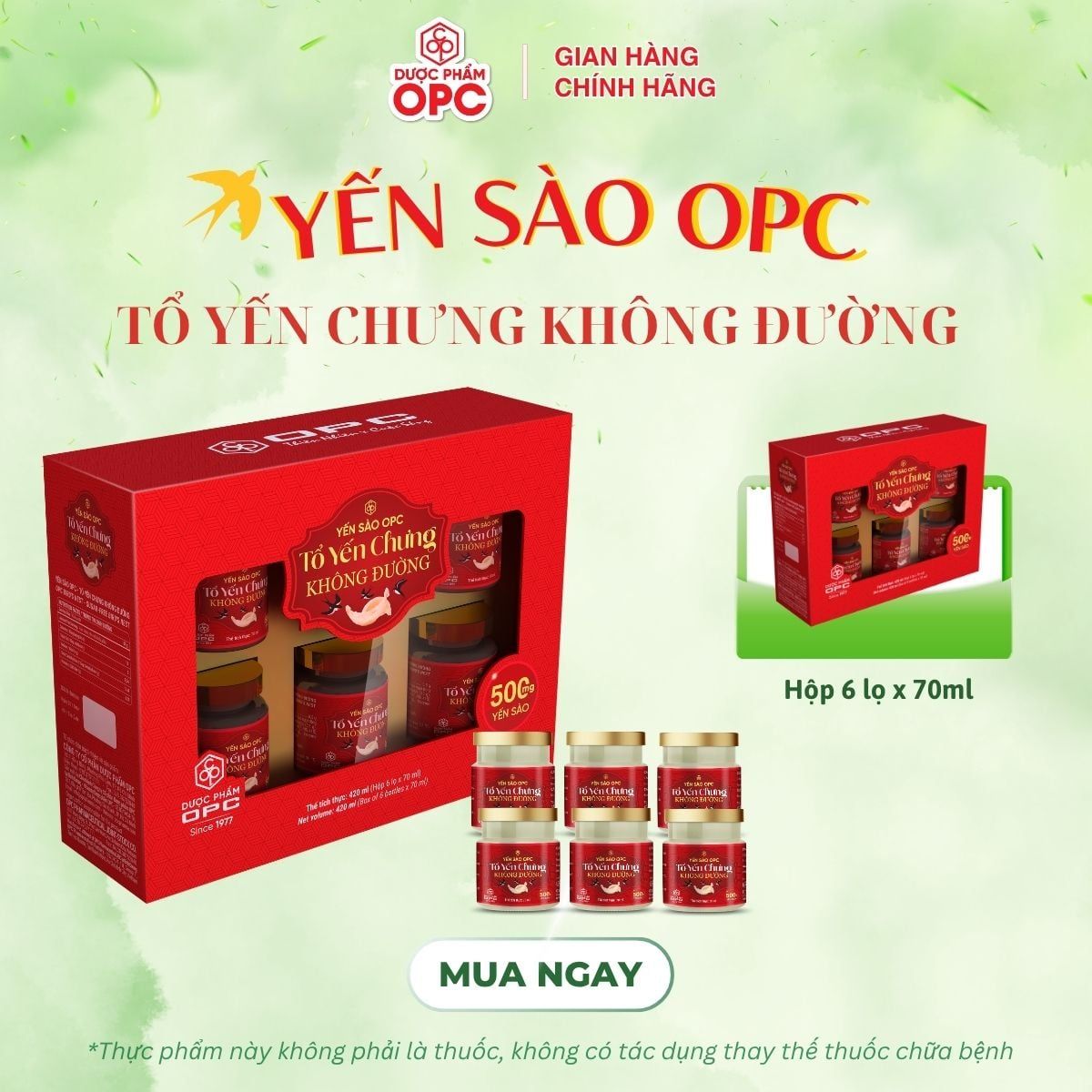  YẾN SÀO OPC - TỔ YẾN CHƯNG KHÔNG ĐƯỜNG (Hộp 6 lọ) 