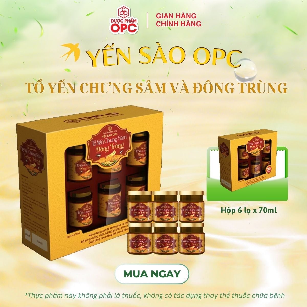  TPBS. YẾN SÀO OPC - TỔ YẾN CHƯNG SÂM VÀ ĐÔNG TRÙNG (Hộp 6 lọ) 
