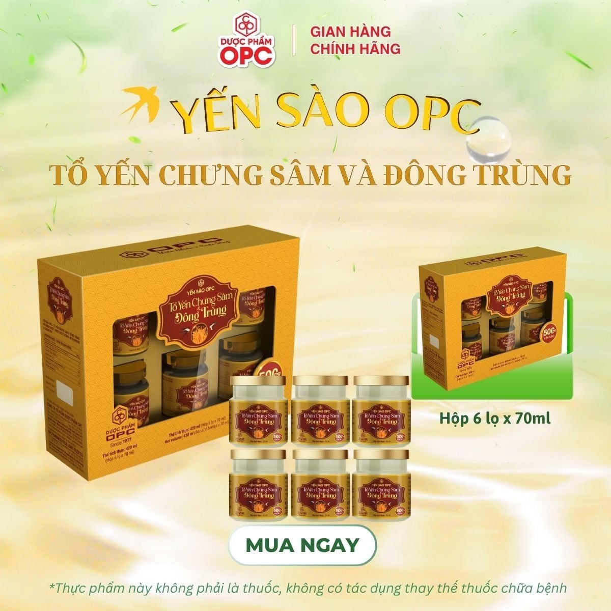  YẾN SÀO OPC - TỔ YẾN CHƯNG SÂM VÀ ĐÔNG TRÙNG (Hộp 6 lọ) 