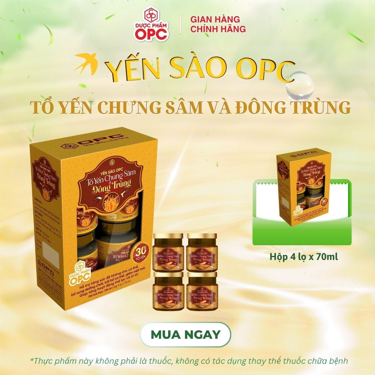  TPBS. YẾN SÀO OPC - TỔ YẾN CHƯNG SÂM VÀ ĐÔNG TRÙNG (Hộp 6 lọ) 
