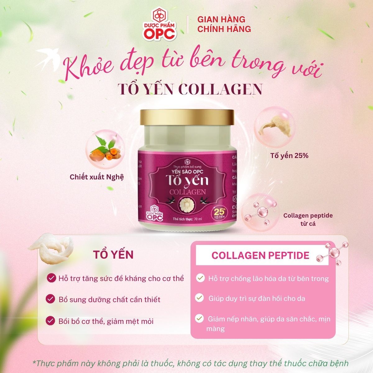  TPBS. YẾN SÀO OPC - TỔ YẾN COLLAGEN (Hộp 6 lọ) 