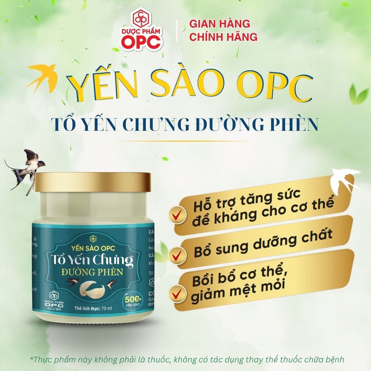 YẾN SÀO OPC - TỔ YẾN CHƯNG ĐƯỜNG PHÈN (Hộp 6 lọ) 