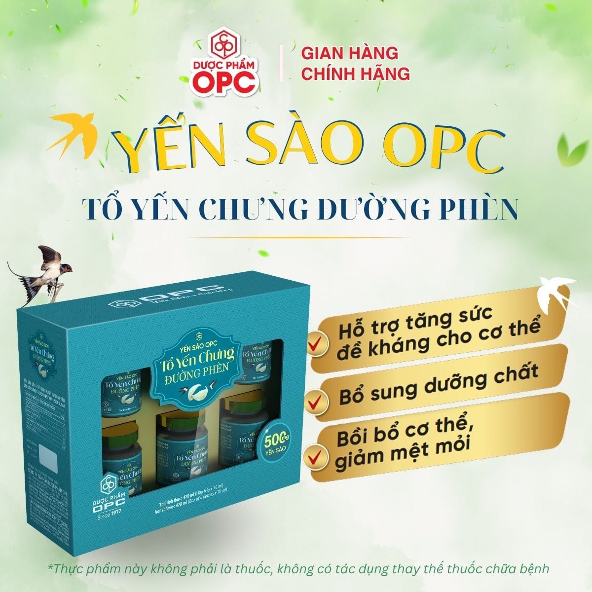  YẾN SÀO OPC - TỔ YẾN CHƯNG ĐƯỜNG PHÈN (Hộp 6 lọ) 