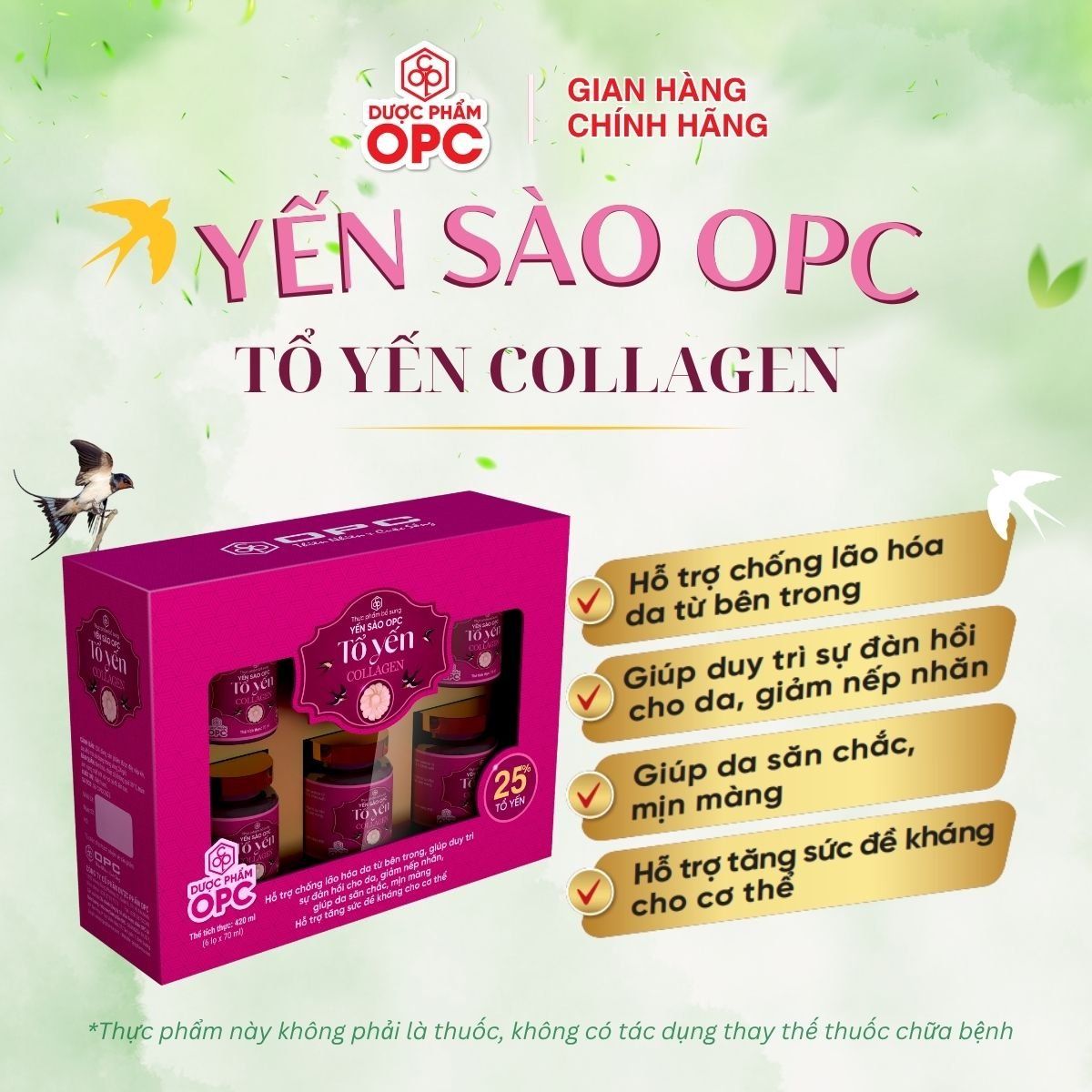  TPBS. YẾN SÀO OPC - TỔ YẾN COLLAGEN (Hộp 6 lọ) 