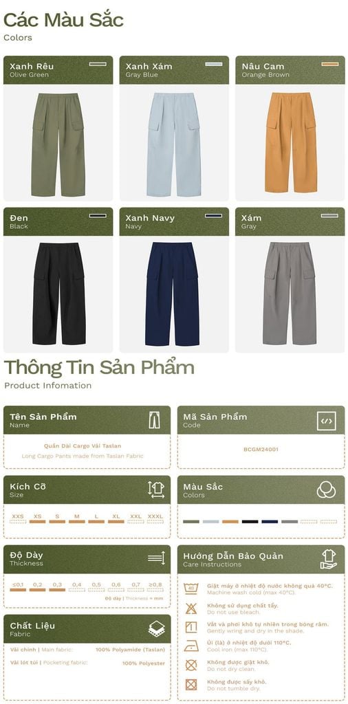 Quần Dài Cargo Túi Hộp Vải Taslan - BCGM24001