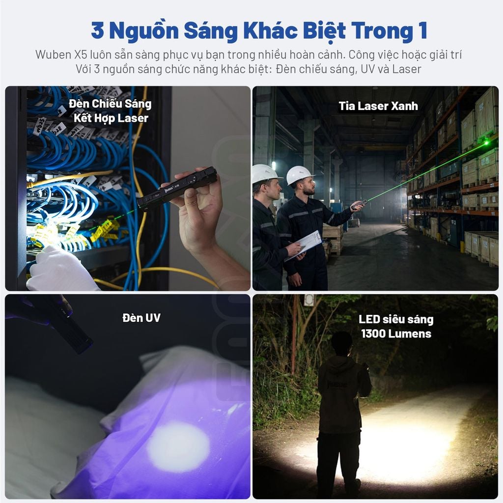 Wuben X5 đèn pin EDC 1300 Lumens + Laser + UV đa năng