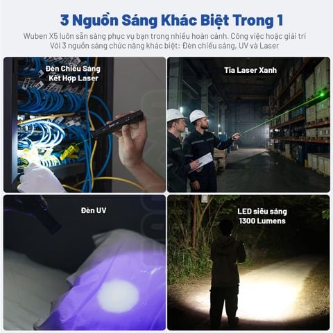 Wuben X5 đèn pin EDC 1300 Lumens + Laser + UV đa năng
