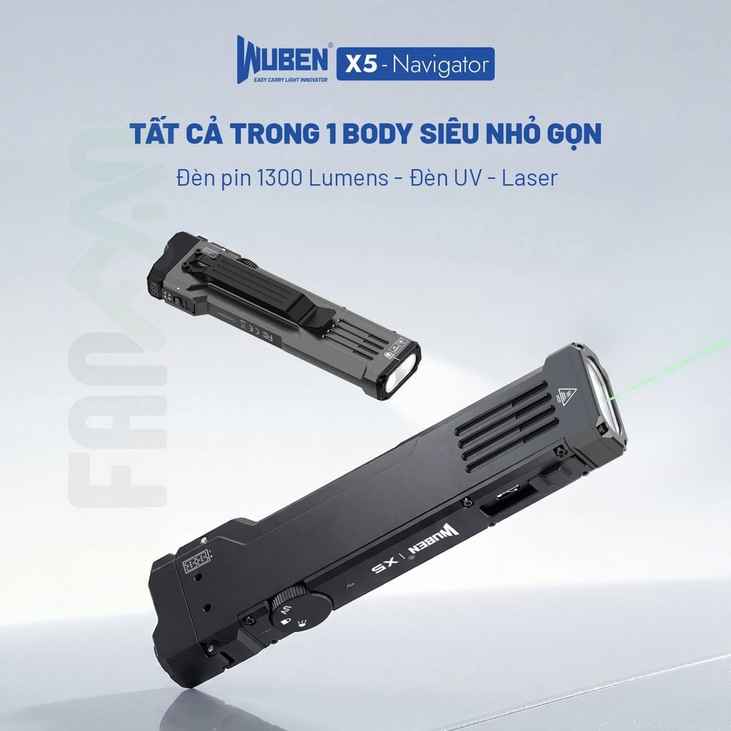 Wuben X5 đèn pin EDC 1300 Lumens + Laser + UV đa năng