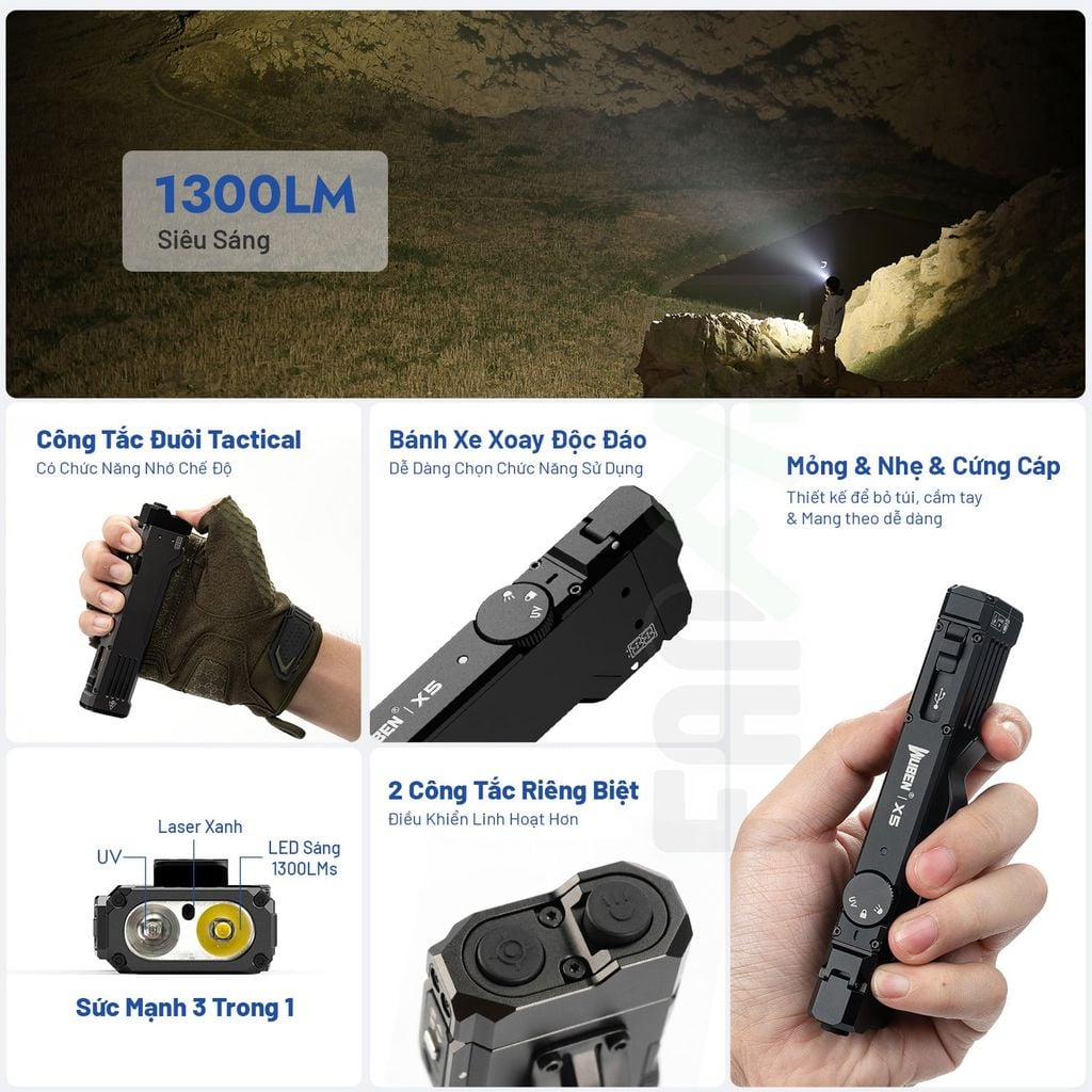 Wuben X5 đèn pin EDC 1300 Lumens + Laser + UV đa năng