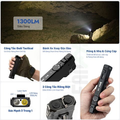 Wuben X5 đèn pin EDC 1300 Lumens + Laser + UV đa năng