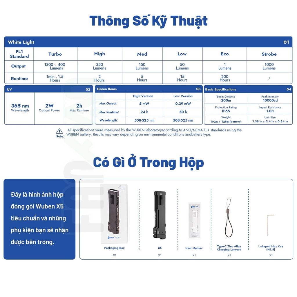 Wuben X5 đèn pin EDC 1300 Lumens + Laser + UV đa năng