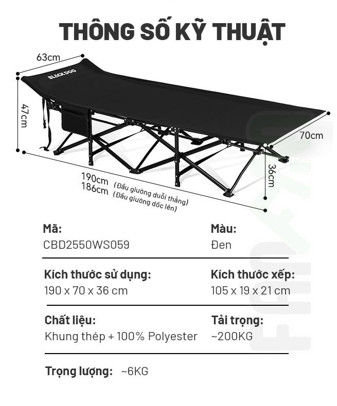 Giường Cot xếp gọn dã ngoại Blackdog CBD2550WS059