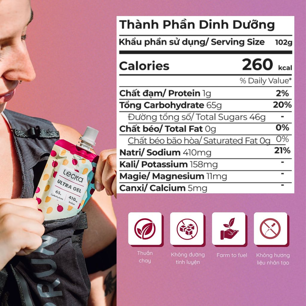 Lecka Ultra Gel túi gel năng lượng 102g/260kcal nắp vặn tiện lợi