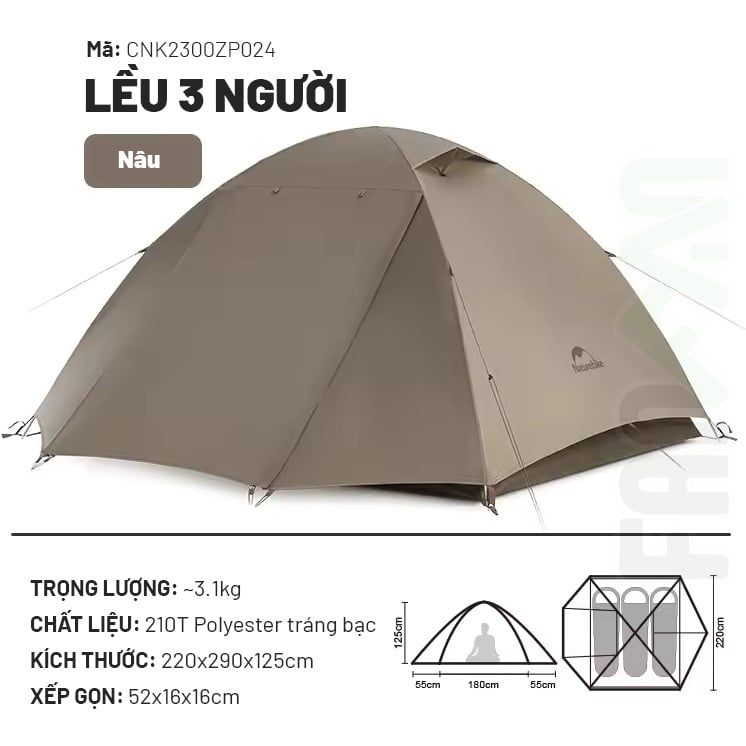 Lều 2 - 3 người, 2 lớp Naturehike  CNK2300ZP024