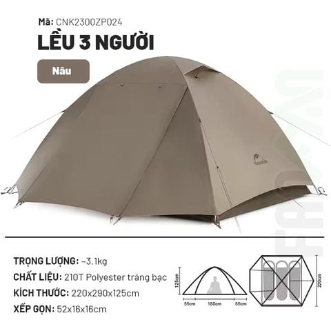 Lều 2 - 3 người, 2 lớp Naturehike  CNK2300ZP024