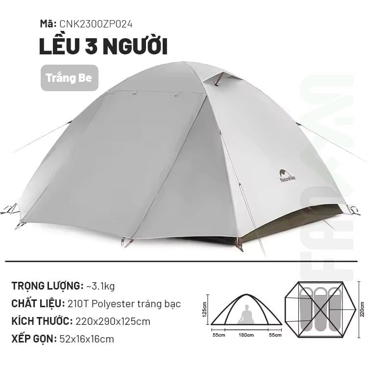 Lều 2 - 3 người, 2 lớp Naturehike  CNK2300ZP024