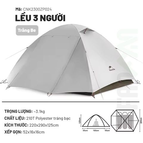 Lều 2 - 3 người, 2 lớp Naturehike  CNK2300ZP024