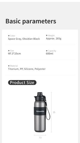 Naturehike CNK2550CF016 Bình giữ nhiệt Titan thể thao 600ml