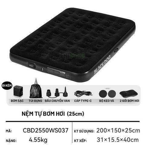 Nệm dã ngoại tự bơm hơi (kèm bơm) dày 25cm BLACKDOG CBD2550WS037