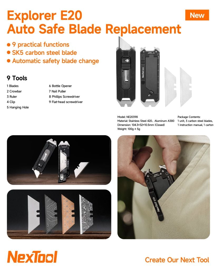 Nextool E20 Explorer dao rọc cáp, khui thùng EDC 9 chức năng