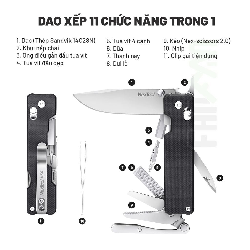 Nextool K30 dao xếp EDC 11 chức năng thép Sandvik, ốp G10, khóa Axis