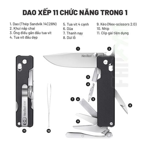 Nextool K30 dao xếp EDC 11 chức năng thép Sandvik, ốp G10, khóa Axis
