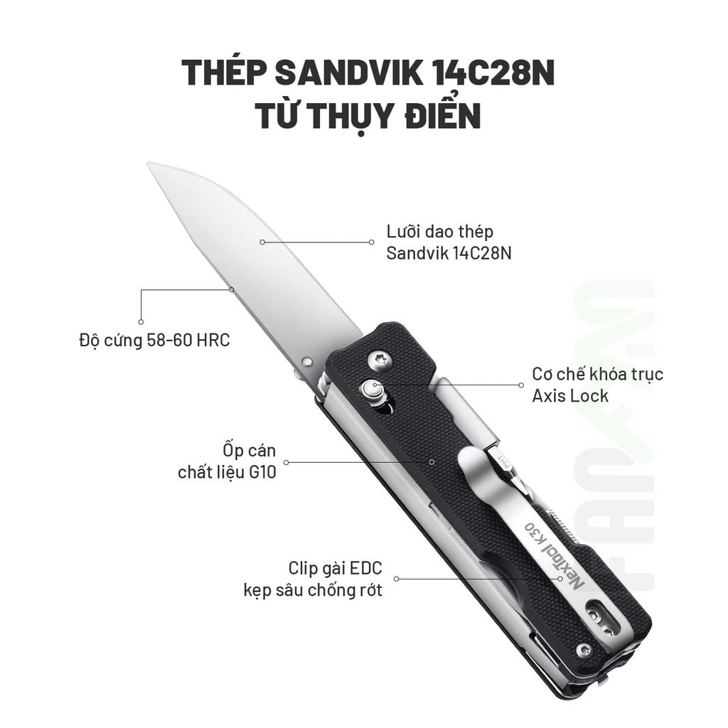 Nextool K30 dao xếp EDC 11 chức năng thép Sandvik, ốp G10, khóa Axis