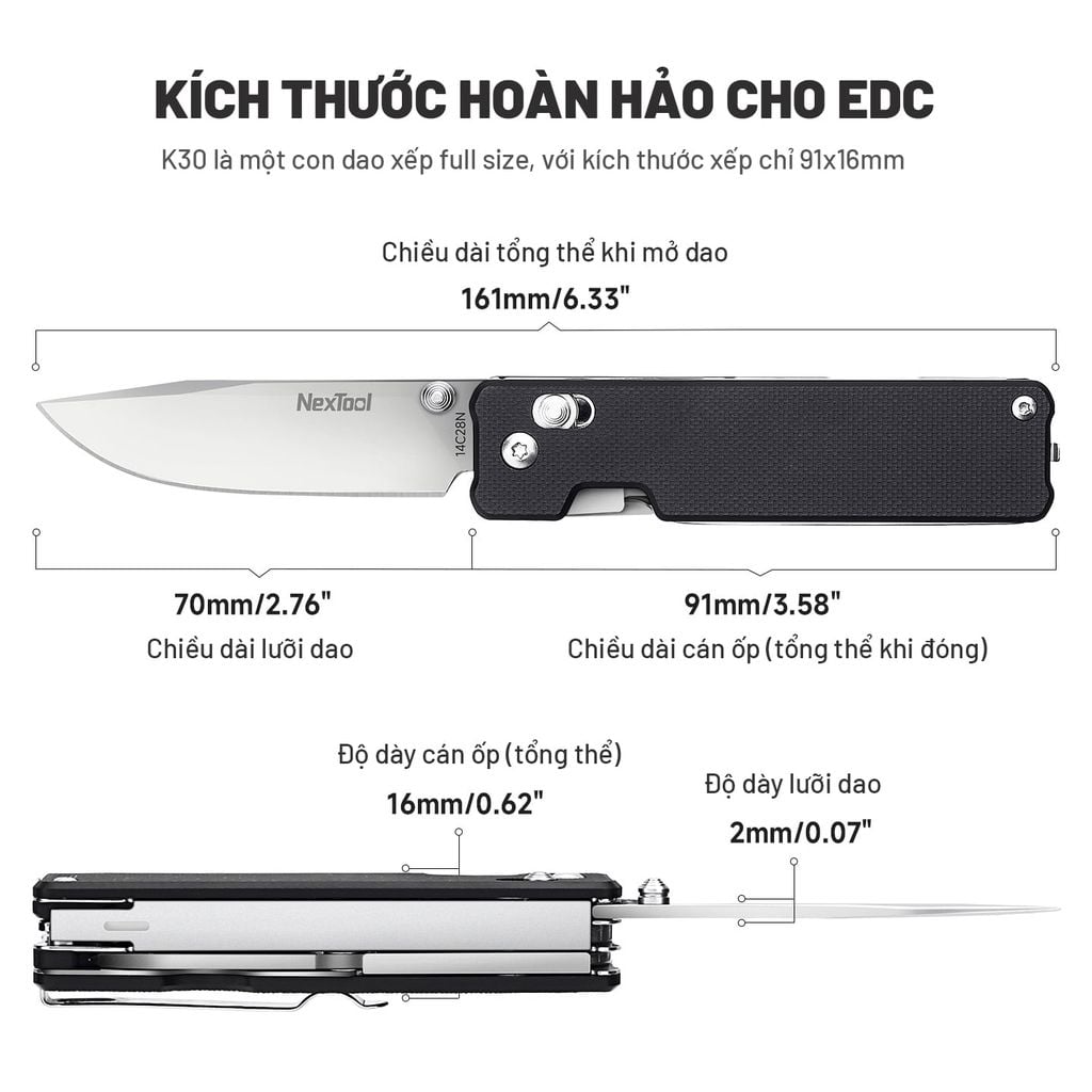 Nextool K30 dao xếp EDC 11 chức năng thép Sandvik, ốp G10, khóa Axis