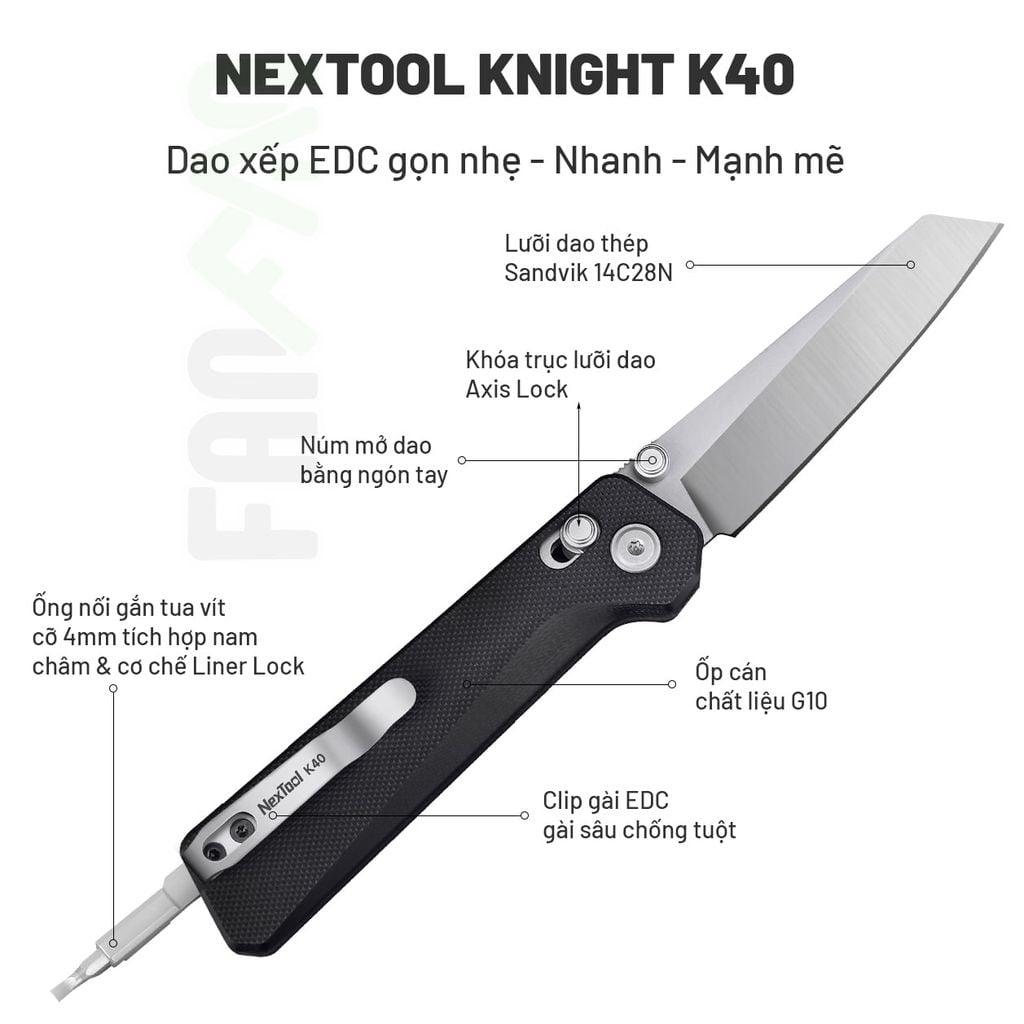 Nextool K40 dao xếp EDC 5 chức năng thép Sandvik, ốp G10, Axis Lock