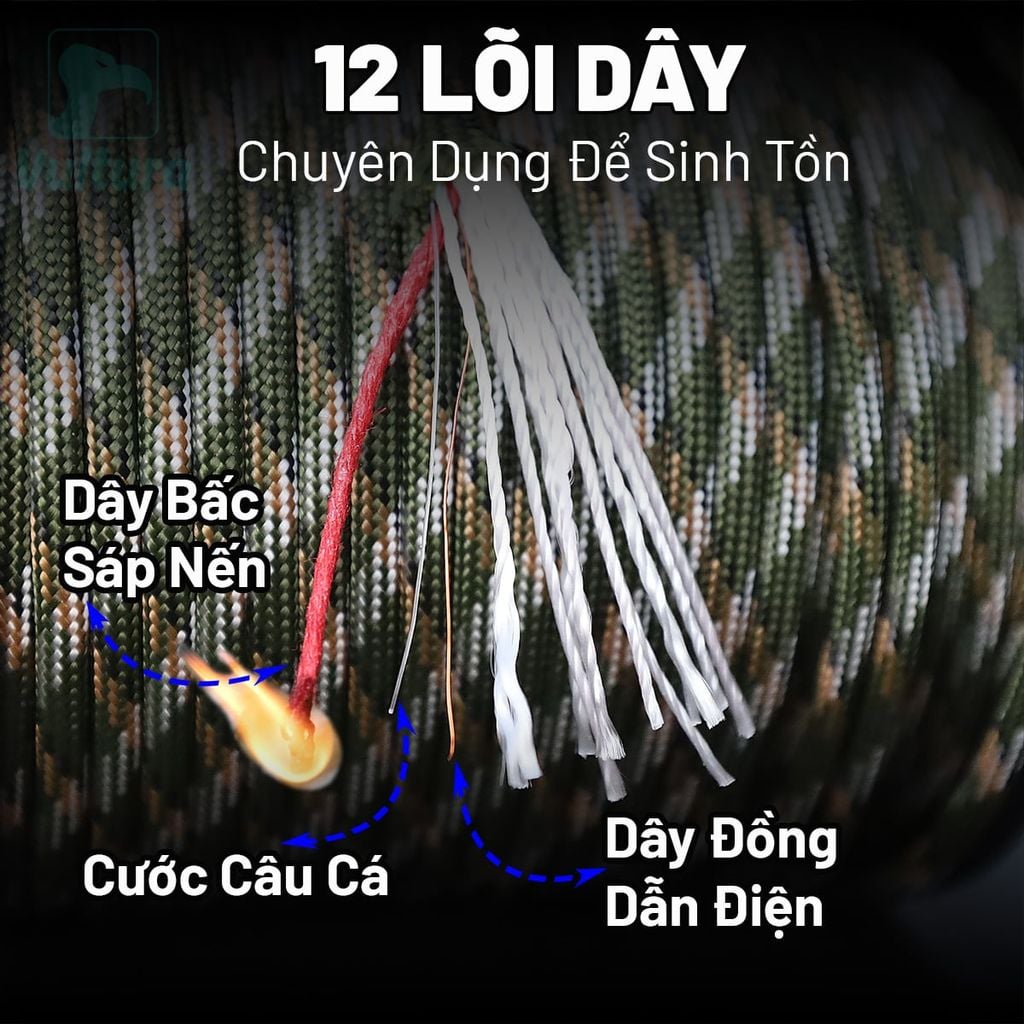 Cuộn 50m dây dù Paracord 550 sinh tồn 12 lõi kèm cước câu & bấc Vultura RO2601